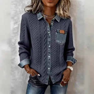Chemise cardigan en tricot et denim pour femme, haut automne manches longues et revers.