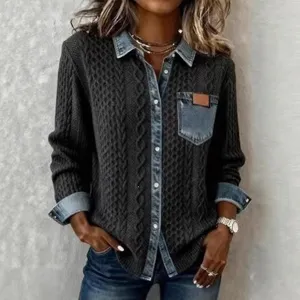 Femme denim patchwork cardigan en tricot manches longues chemise automne mode haut casual