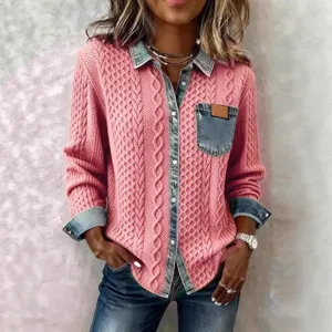 Femme rose cardigan tricot tressé chemise avec col et poche denim contraste haut manches