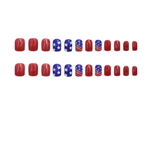 Set di unghie finte rotonde medie, tema bandiera americana stelle e strisce, 24 pezzi.