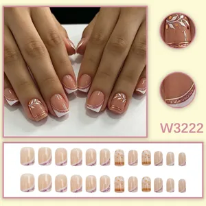 Unghie finte medie nude francese glitter oro rosa motivo foglia bianca set completo