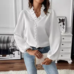 Elegant Women Satin Blouse Ruffle V Neck Lantern Long Sleeve Shirt Casual Solid Color Loose Top Fashion Office Lady Clothing
