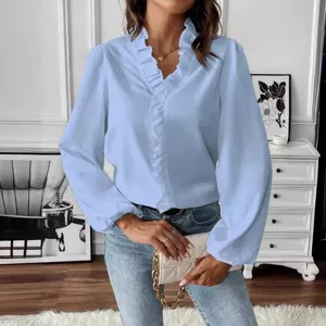 Light blue long sleeve ruffle v-neck blouse for women casual elegant spring shirt.