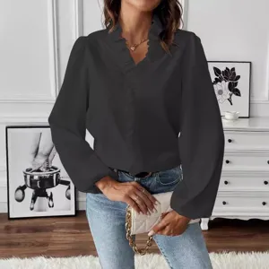 Elegant long sleeve ruffle neck black blouse for women, perfect casual chic main top.