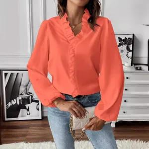 Women's Long Sleeve Ruffle V-Neck Blouse Solid Color Elegant Casual Shirt For Spring Summer