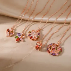 Collana di Strass in Rame Oro Rosa alla Moda per Donna Ciondolo Cuore Fiore Geometrico Colorato Gioielli Accessorio Quotidiano Lusso Leggero