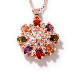 Elegante collana con ciondolo floreale in oro rosa con pietre zircone colorate moda