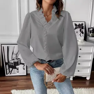 Women's Long Sleeve Ruffled V-Neck Blouse Spring Summer Elegant Casual Grey Shirt Tops