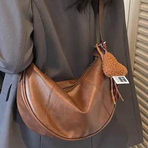 Brown PU Leather Hobo Crossbody Bag Large Capacity Dumpling Shoulder Bag Casual Vintage Purse