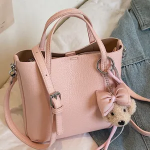 Women Casual PU Leather Tote Bag Simple Commuter Handbag Vegetable Basket Shoulder Crossbody Bag With Charm