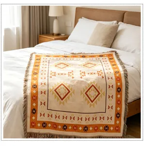 Boho woven blanket ethnic jacquard throw blanket for sofa bed camping wall decor.