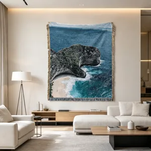 Arazzo Tessuto in Misto Cotone Mediterraneo Paesaggio Isola Mare Blu Coperta Divano Con Nappe Arredamento Soggiorno