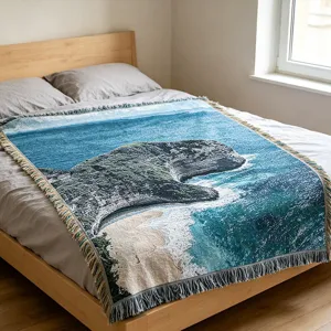 Coperta tessuta paesaggio oceanico, plaid divano jacquard costiero e splendido arazzo decorativo.