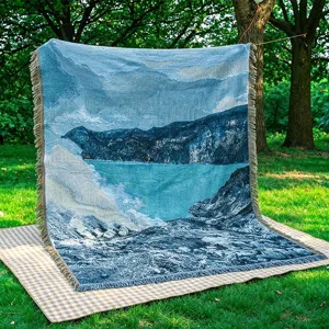 Coperta tessuta paesaggio mare blu tapisserie per divano, bella decorazione domestica.