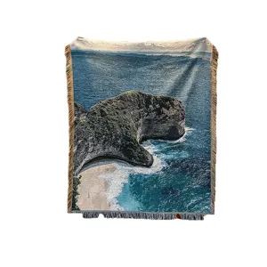 Coperta da divano tessuta con motivo paesaggistico di spiaggia, coperta jacquard per decoro.