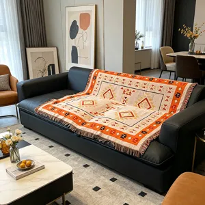 Bohemian ethnic knitted jacquard throw blanket for sofa, couch cover and home decor.