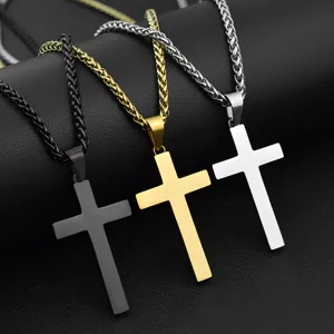 Set collana con ciondolo a croce in acciaio inossidabile, finitura liscia, nero oro argento.