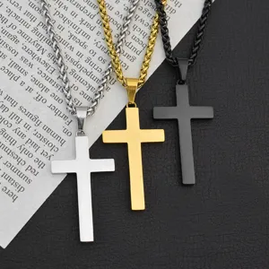 Collana con ciondolo a croce in acciaio inossidabile, finitura liscia, argento oro nero.