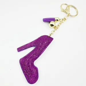 Purple rhinestone high heel keychain bag pendant stylish bling charm for keys and bags.