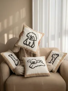 Close-up of cute dog embroidered throw pillow cover with soft plush border and nordic home style.