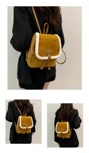 Detail view of a retro women's backpack with plush shearling trim, chic and versatile daily bag.