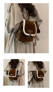 Womens vintage brown plush shearling backpack casual Korean style daily casual daypack
