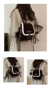 Women autumn winter retro plush backpack brown lamb wool school bag minimalist casual daypack