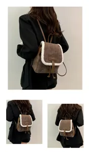 Details of the women brown lamb wool mini backpack, retro casual Korean style shoulder bag.