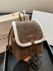 Korean style brown suede lamb wool backpack retro plush minimalist shoulder bag for women
