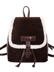 Retro brown lamb wool backpack for women, autumn winter fashion casual daily shoulder bag stylish