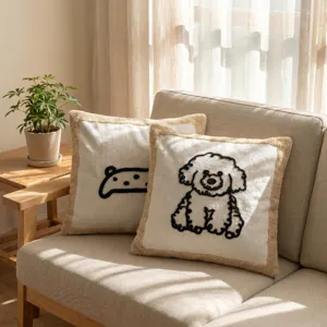 Cozy Nordic style plush throw pillow detail featuring cute embroidered dog design on soft beige fabric.