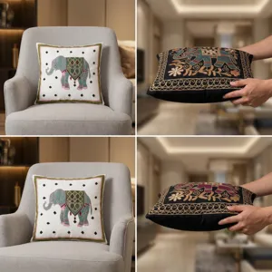 Housse de coussin éléphant brodé style sud-est asiatique pour canapé décoration