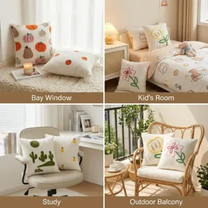 Teddy velvet tufted embroidered pillow cover with cute pumpkin and tulip floral designs for cozy home decor.