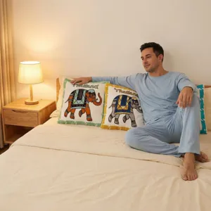 Housse de coussin éléphant brodé thaïlandais, coton doux déco chambre salon canapé.