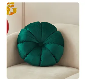 Dark green velvet round pleated cushion plush pumpkin pillow for cozy sofa living room decor