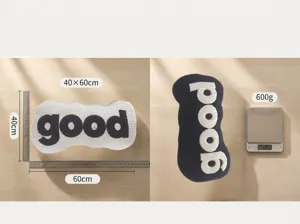 Long irregular letter sofa cushion pillow with good text design, size and weight details.