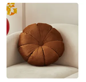 Brown velvet pleated round pillow pumpkin cushion for living room sofa home decor soft furnishing.