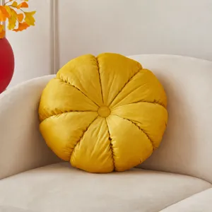 Yellow velvet round pumpkin throw pillow European style plush decorative cushion for sofa.