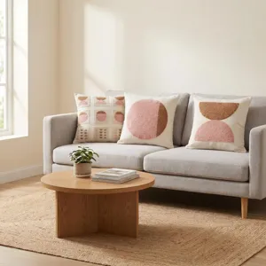 Détail de coussin touffeté moderne avec un design texturé géométrique sur un canapé douillet.