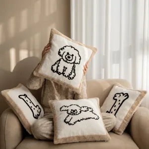 Nordic style cute dog and giraffe plush embroidered cushion cover for sofa home decor