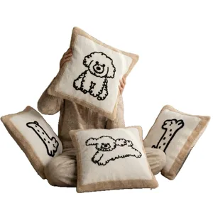Cute cartoon dog embroidery throw pillow, soft plush sofa cushion for home decor.