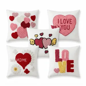 Valentine Day Tufted Embroidery Pillow Cover Canvas Heart Floral Decorative Cushion Cover For Sofa Living Room Home Decor