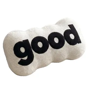 White corduroy long letter decorative pillow with black good embroidery for sofa home decor