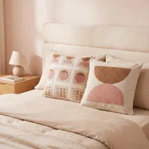 Housse de coussin tuftée moderne à motif géométrique, tons neutres doux pour décor chambre.