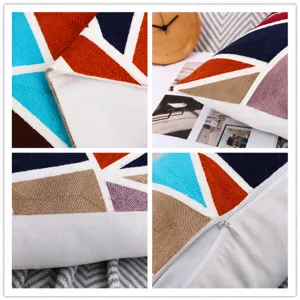Geometric embroidery cushion cover detail showing exquisite stitching and smooth hidden zipper.