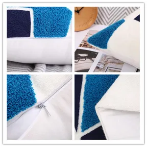 Nordic geometric embroidered throw pillow cover, blue textured tufted cushion case.