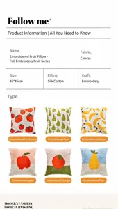 Detailed view of Scandinavian style fruit embroidered canvas throw pillow cover with towel embroidery.