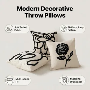 Coussins décoratifs modernes avec tissu tufté doux et motif de broderie 3D pour canapé.