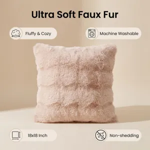 Detailed view of the ultra soft faux fur square pillow with fluffy texture in light pink color.