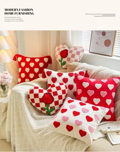 Cozy tufted heart throw pillow and tulip cushion for living room sofa and home decor.